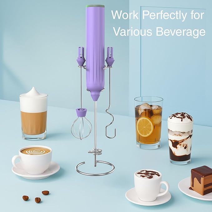 Milk Frother Handheld with 3 Stainless Steel Whisks, Rechargeable Electric Drink Mixer with Stand & Travel Case, Milk Foamer for Coffee, Latte, Cappuccino, Hot Chocolate, Egg,Jam Supplement-Purple