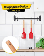 Pack of 2 Silicone Cooking Spatula, Heat Resistant Solid Turner, Non Stick Slotted Spatulas with Wooden Handle,Ideal Wood Kitchen Utensils Set for Frying, Baking, Flipping, Turning (RED)