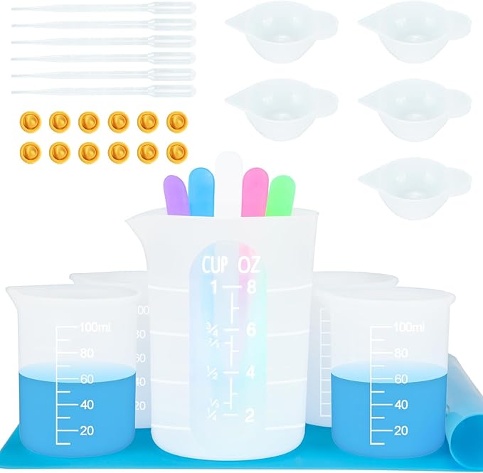 Creahaus Silicone Measuring Cups Tool Kit for Resin, Non-Stick 250 & 100ml Epoxy Mixing Cups, Reusable Resin Supplies with Silicone Mat, Stir Sticks, Pipettes, Cups for Molds, Jewelry Making
