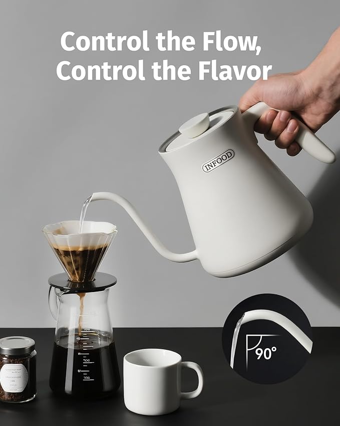 0.8L Gooseneck Electric Kettle, Precise Temperature Control for Pour Over Coffee & Tea, 1200W Fast Boiling Water, Auto Shut Off, Scheduling, Stainless Steel, White