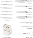 Knife Set - Haugo 14 PCS German Stainless Steel Kitchen Knife Sets with Block and Sharpener - Full Tang Knife Block Set and Ergonomic Handle - Elegant White- Obsidian Series