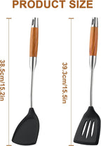 FJNATINH Silicone Spatulas and Turner Set - Non Stick Turners, Stainless Steel Coated with Silicone Cooking Utensils Set with Wooden Handle, Heat Resistant Spatulas for Fish, Eggs, Pancakes,2PCS