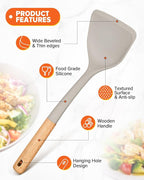Silicone Wok Spatula Turner Set, Perfect for Scooping, Flipping, Lifting Pancakes and Picking up Veggies, BPA-Free Matte Silicone, Wooden Handles, Safe for Nonstick Cooking Surfaces (Khaki)