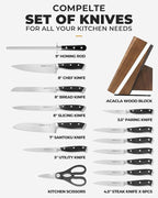OOU 2025 Kitchen Knife Set with Block, 15-Piece German Stainless Steel Knife Blcok Set with Sharpening Rod, Ergonomic Wood Handle,Premium Razor-Sharp Knives Set for Kitchen