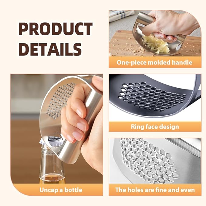2025 New Stainless Steel Garlic Presser, Portable Manual Stainless Steel Garlic Press for Home Kitchen Utensils, Upgrade Rocker Crusher Masher with Garlic Peeling (1)