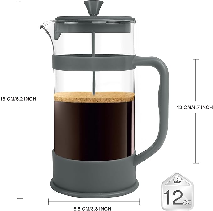 Utopia Kitchen 12 Ounce 0.35 Liter French Press Coffee Maker, Tea Maker, Travel Coffee Presses, Heat Resistant Thickened Borosilicate Coffee Pot for Camping Travel Gifts, Grey Pack of 1
