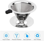 Slow Drip Paperless Coffee Filter, Pour Over Coffee Dripper, Reusable Pour Over Coffee Maker for Single Cup Brew, Double Mesh Design of Stainless Steel Cone Filter, with Clean Brush (1-4 cups)