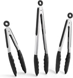 Doosu Kitchen Tongs for Cooking - 600°F Heat Resistant Food Tong Set with Non-Scratch Silicone Tips, Heavy Duty Stainless Steel Locking Tong for BBQ, Grilling Steak, Serving Salad (7+9+12in, Black)
