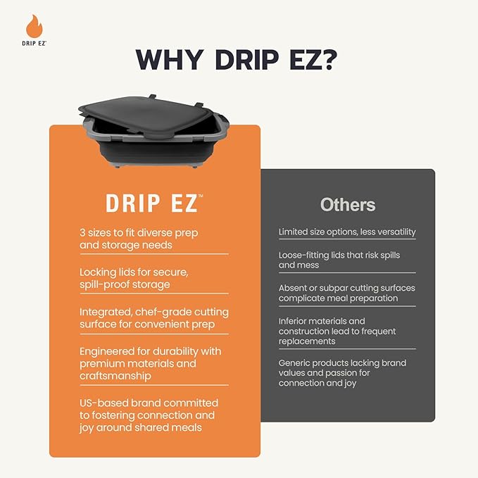 Drip EZ Collapsible BBQ Prep Tubs 3-Piece Set- For Meal Prep Marinating Food Storage - Includes Cutting Board & Lid - (1) JR - Black + (1) OG - Orange + (1) XL - Black