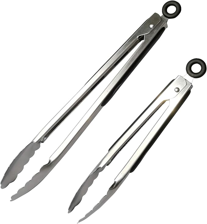 ALLTOP Metal Cooking Tongs,Stainless Steel Food Tong with No-slip Silicon and Locking Ring for Kitchen - 9 &12 inch,Set of 2-Black