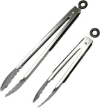 ALLTOP Metal Cooking Tongs,Stainless Steel Food Tong with No-slip Silicon and Locking Ring for Kitchen - 9 &12 inch,Set of 2-Black