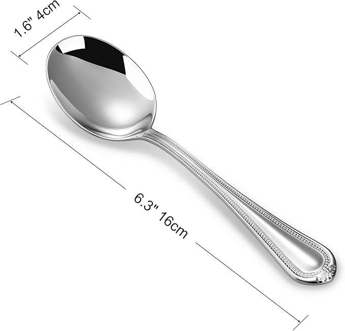 KEAWELL Pearl Edge 4-Piece Premium Spoon Set, 18/10 Stainless Steel, Fine Silverware Spoons with Refined Bead Design, Brightly Polished, Dishwasher Safe (Silver, 6.3" Condiment Spoons)
