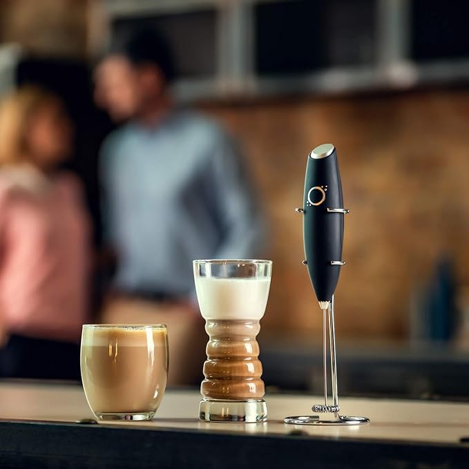 Handheld Milk Frother for Coffee - Stainless Steel Electric Drink Mixer & Matcha Whisk - Ergonomic Hand Frother With Stand & Recipes (Black)