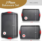 Baking Sheet Set, 3-Piece Cookie Sheet Set with Silicone Handles, Steel Baking Pans Set, Durable Baking Sheets for Oven, BPA Free Cookie Sheets for Baking Nonstick Set, Sheet Pan - Black Baking Pan