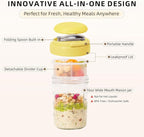 4 Pack Overnight Oats Containers with Lids and Handles, Folding Spoons & Divided Compartments for Fruit & Nuts, 16oz Glass Mason Jars for Oatmeal, Meal Prep & Breakfast (Blue/Green/Yellow/Green)