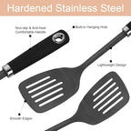 3-Piece Cooking Utensils Set Stainless Steel Large Serving Spoons Set Slotted Spoon Spatula Turner Skimmer Commercial and Residential Use Dishwasher Safe, Black