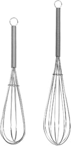 Mini Wire Whisk, 2-Pack - 8 & 10 Inch Small Whisk for Cooking - Ergonomic Spiral Handle, 304 Stainless Steel - Ideal for Whisking, Beating, Blending & Mixing Sauces - Silver