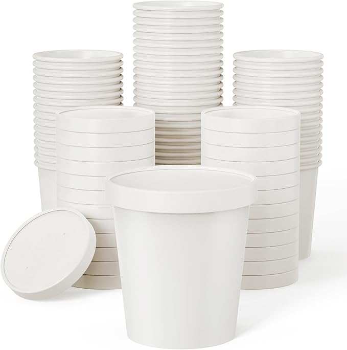 JOLLY PARTY 50pack 16oz Paper Soup Containers with Lids, Disposable Paper Food Cups, Ice Cream Cups, Food Storage with Lids, Microwavable and Freezer Safe, Suitable for Christmas Thanksgiving (White)