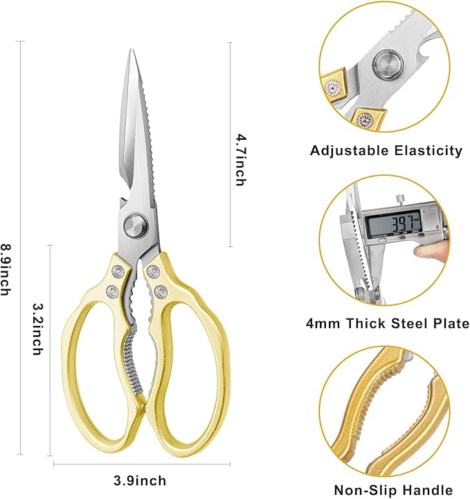 Kitchen Scissors, Heavy Duty Sharp Shears Dishwasher Safe, Kitchen Accessories Cooking Shears for Meat Chicken Fish Poultry Herb Bread (gold)
