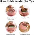 Matcha Tea Set, 5-Piece Ceremonial Kit with Ceramic Matcha Bowl (Chawan), Bamboo Whisk (Chasen) & Holder, Stainless Steel Sifter, Bamboo Scoop (Chashaku) — Japanese Tea Ceremony Gift (Pink)