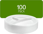 PLASTICPRO 9 inch Round Plastic Plates 3 Compartment - 3 Section Plates Microwaveable, Disposable, White, Dinnerware 100 Count