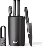 OOU Knife Set with Block and Sharpener, 6 Pcs High Carbon German Steel Kitchen Knife Block Set with Universal Knife Holder, Dishwasher Safe Knife Set for Small Kitchen, Space-Saving, Anti-Rust