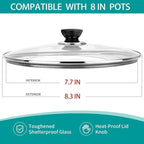 8 Inch Pan Lid, Universal Replacement Pot Lid for Frying Pans, Cast Iron Skillets, Tempered Glass Pan Cover with Steam Vent