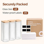 ComSaf Glass Spaghetti Pasta Storage Containers with Lids 2.2 Qt Set of 3, Tall Clear Airtight Food Storage Jar with Lid for Noodles Flour Oat Cereal Sugar Beans, Sqaure Spaghetti Pantry Containers