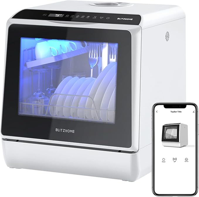 Portable Dishwasher Countertop, WIFI Smart Dishwasher, Compact Mini Dishwashers with 5L Built-in Water Tank, 6 Programs, 360° Dual Spray, High-Temp& Air-Dry Function, Fruit Cleaning