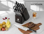 BRODARK Kitchen Knife Set with Block and Sharpener,15 PCS High Carbon Stainless Steel Knife Block Set, Ergonomic Pakkawood Handle for Christmas Kitchen Cooking