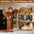 10PCS Wooden Spoons for Cooking, Spoons and Spatula Non Stick Set with Stainless Steel Handle, Teak Wooden Utensils Set with Holder & Spoon Rest, Kitchen Utensils for Non-Stick Cookware