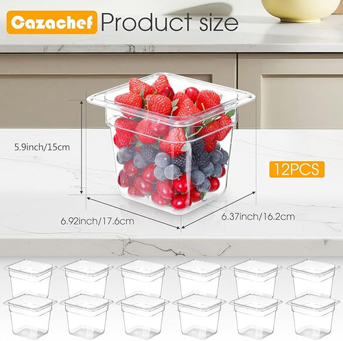 12 Pack 6'' Deep NSF Food Pans 1/6 Size | Commercial Food Storage Containers | Polycarbonate Plastic Pans for Restaurant | Commercial Grade for Food Prep | Clear