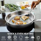 P&P CHEF 12 Inch Stainless Steel Frying Pan, 3-Ply Stainless Steel Pan Skillet, Induction Stir-fry Pan, Oven & All Stoves Safe, Heavy Duty & Even Heat, Dishwasher Safe, Silver, (1 Piece)