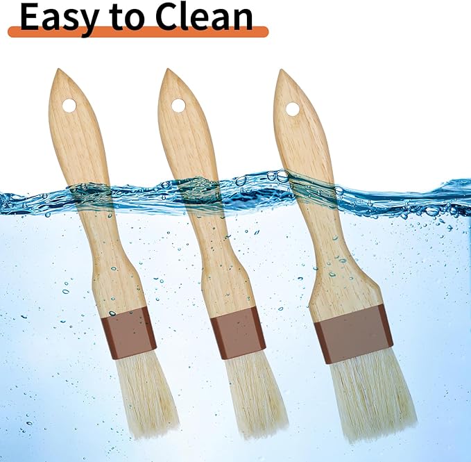 3 Pcs Pastry Brush, Natural Bristle Basting Brush, Cooking Brush, Food Brush, Butter Brush, Baster Brush, BBQ Brushes for Sauce, Kitchen Baking Brushes for Oil, Grilling, Marinade
