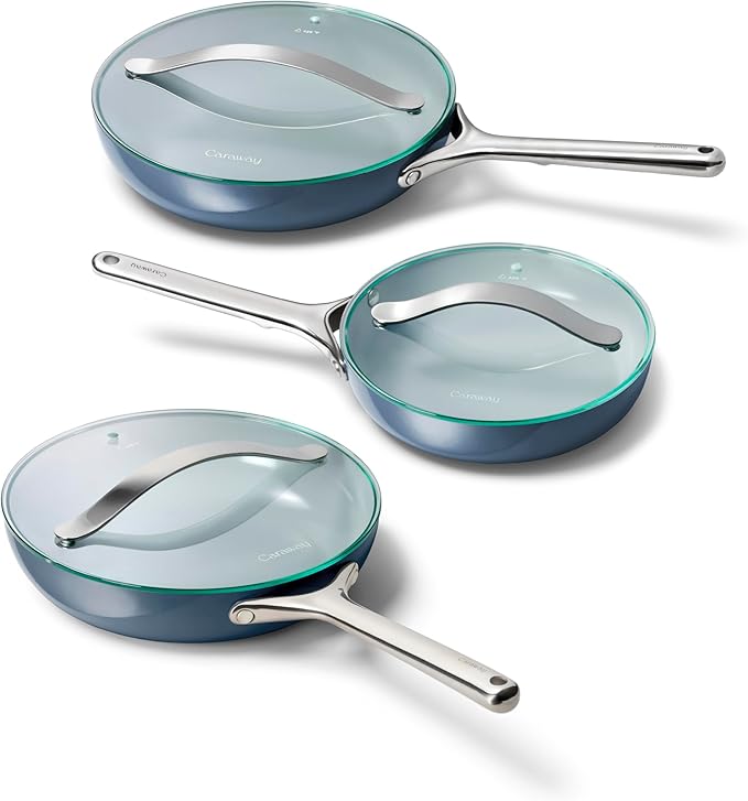 Caraway Ceramic Nonstick Fry Pan Set with Glass Lids – Includes Two 10.5” Fry Pans, One 8” Fry Pan, & Three Lids - Non Toxic, PTFE & PFOA Free - Oven Safe & Compatible with All Stovetops - Navy
