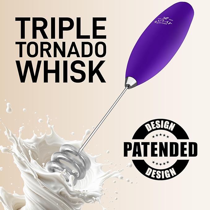 Zulay Kitchen Tornado Whisk Milk Frother with 4 AA Duracell Batteries - Triple Whisk for More Power - Handheld Coffee Frother with Stand - Drink Mixer for Lattes, Matcha & Protein Shakes