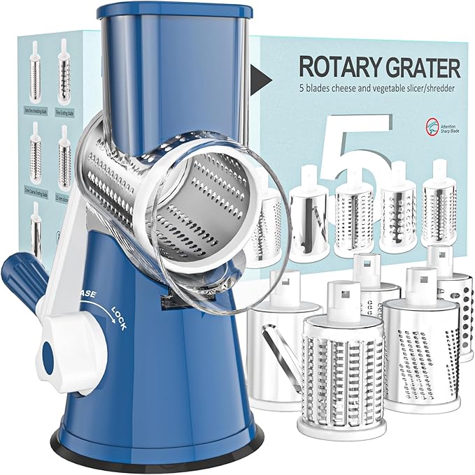 Cambom Rotary Cheese Grater Hand Crank Cheese Shredder for Fresh Cheese, Vegetable, Nuts, Non-slip Suction Base,Five Blades, Deep Blue