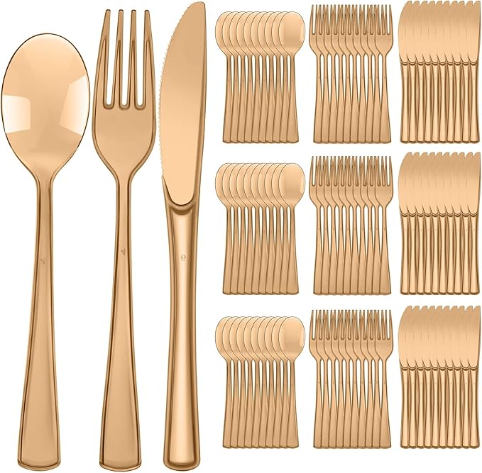 Minatee 150 Pieces Disposable Cutlery Set Plastic Silverware Heavy Duty Utensil Sets 50 Forks 50 Knives 50 Spoons for Home Office School Party Picnics Restaurant Outdoor Events(Coffee)