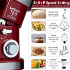 Multifunctional Stand Mixer 6.3Qt 6-Speed Tilt-head, Electric Kitchen Mixer with Stainless Steel Bowl,Meat Grinder, Juice Blender (Red)