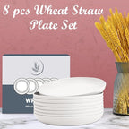 Wrova Wheat Straw Plates - 10 Inch Unbreakable Dinner Plates Set of 8 - Dishwasher & Microwave Safe Plastic Plates Reusable for kitchen and camping (White)