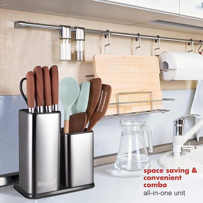 RedCall Kitchen Knife Holder,Stainless Steel Universal Knife Block Without Knives for Countertop,Modern Knife Utensil Holder for Counter,Edge-Protect Knife Storage Organizer (Stainless Steel (Silver))