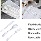 N9R 300PCS Silver Plastic Silverware Set, 100 Forks, 100 Spoons, 100 Knives, Heavy Duty Disposable Cutlery for Parties, Fancy Disposable Flatware for Weddings, and Daily Use