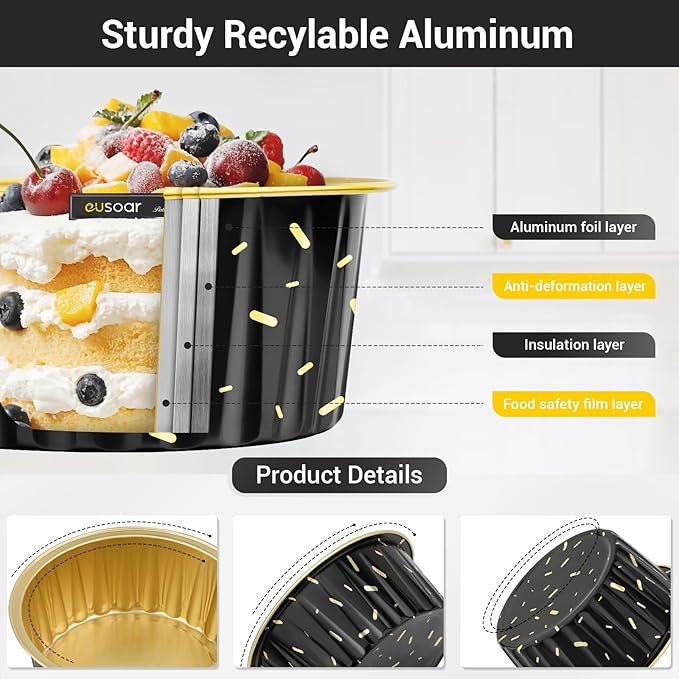 EUSOAR Aluminum Foil Baking Ramekins, 100pcs 5oz 125ml Muffin Liners with Lids, Silver, Both Disposable and Reusable, Perfect for Parties, Holidays, Celebrations