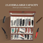AUTOARK 3-Tier PU Leather & Velvet Knife Organizer with 26 Slots,Transparent Glass Top & Drawer,Compact Storage for Pocket Knives,Ideal for Men's Collections & Gifts,Brown,MKAW018