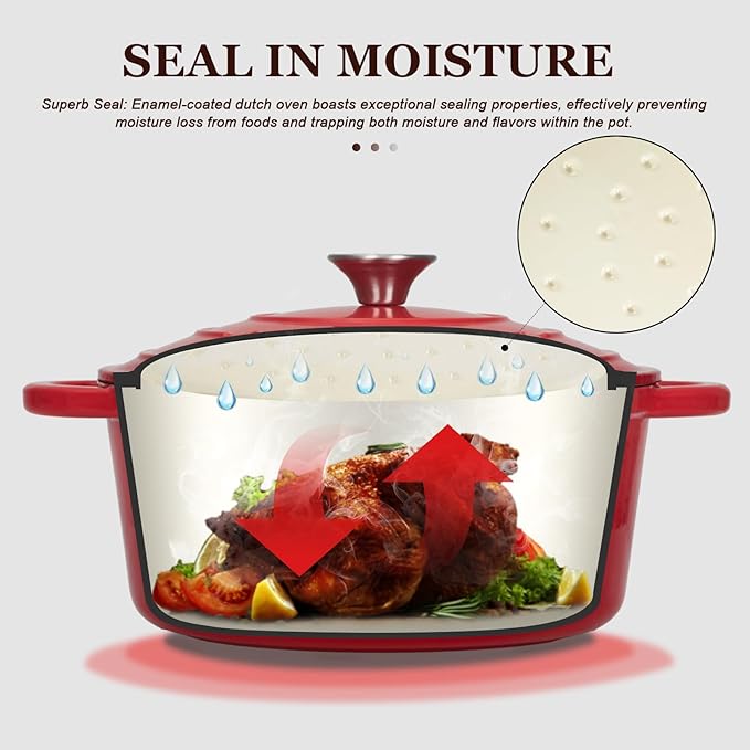 Overmont Enameled Cast Iron Dutch Oven - 7QT Pot with Lid Cookbook & Cotton Potholders - Heavy-Duty Cookware for Braising, Stews, Roasting, Bread Baking red