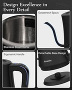 Amaste Gooseneck Electric Kettle, Electric Tea Kettle With Temperature Control, 34oz Pour Over Electric Kettle for Coffee & Tea, 304 Stainless Steel Inner, Auto Shut-Off & Keep Warm, Matte Black
