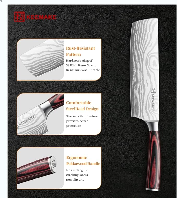 KEEMAKE Nakiri Knife Meat Cleaver: 7 Inch Razor Sharp Chef Kitchen Knife for Cutting Vegetable Cooking Knives - Multipurpose High Carbon Stainless Steel with Pakkawood Handle, Gift box and Sheath