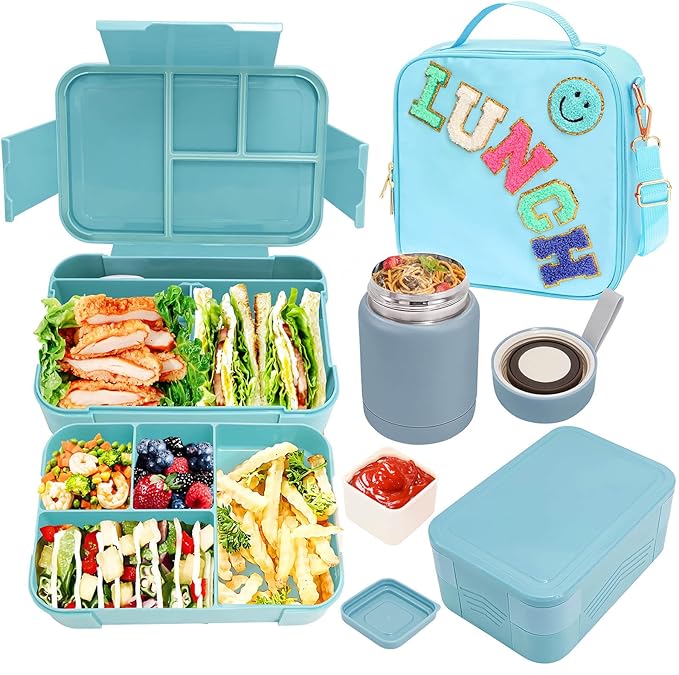 Kids Lunch Bag with 10oz Thermos, with 6 Compartment Bento Box, Blue Nylon Insulated Preppy Lunch Box Adjustable Strap Birthday Gift for Girl Kids Teens Picnic School Travel