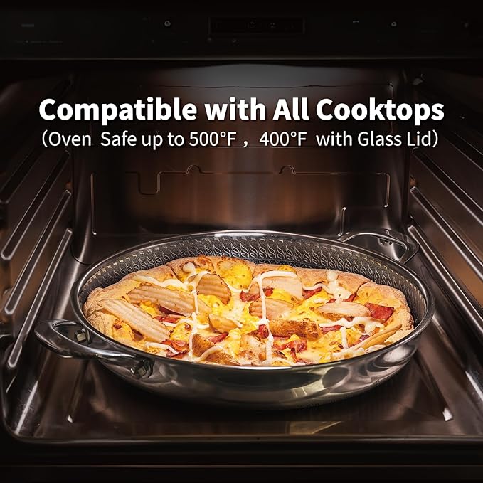 Hybrid Nonstick Skillet with Lid 12 Inch, Stainless Steel Paella Pan with Two Handles Multi-Functional Pan Dishwasher and Oven Safe