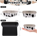 FORBFAN 150 Pcs Mini Square Baking Cups with Lids, 8 oz Mini Aluminum Cake Pans, Small Baking Tins Cow Print